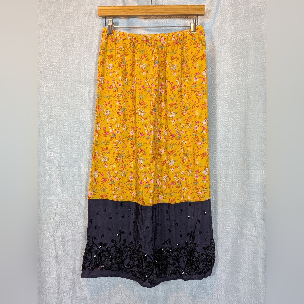 Maeve Yellow Floral Maxi Skirt with Black Lace Hem